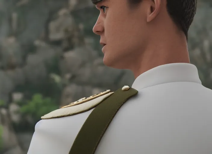 Image similar to proud man wearing a white tunic uniform, tab collars, no medals, no epaulette, his arms are behind his back, ultra realistic, 4 k, movie still, uhd, sharp, detailed, cinematic, render, modern