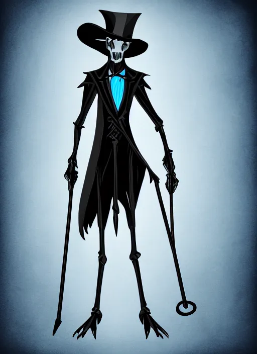 Image similar to DND character concept, Tall skeletal figure, wearing a deep black suit!!! and tie and top hat, holding a golden cane. Surrounded by light blue!!! flames!!