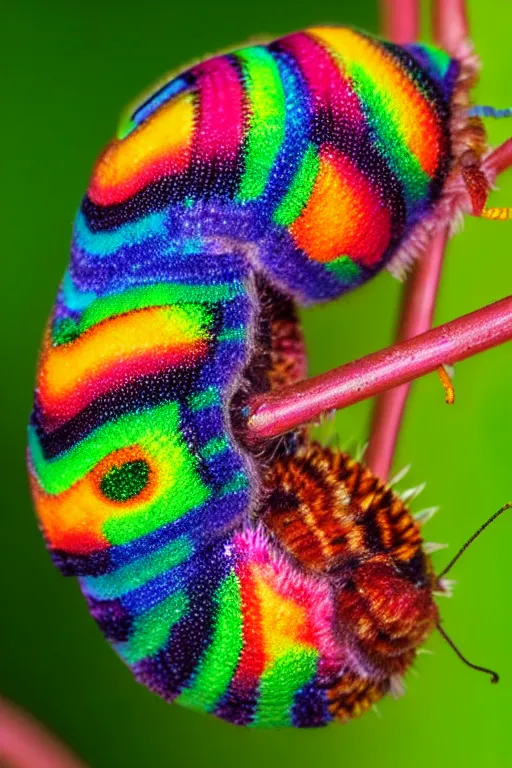 Prompt: high quality macro photo multicolored puss moth caterpillar! gorgeous highly detailed hannah yata elson peter cinematic lighting high quality low angle hd 8k sharp shallow depth of field