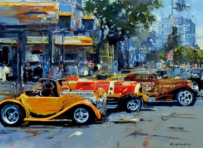 Image similar to hotrods driving down a street , vintage, highly detailed, by John Berkey