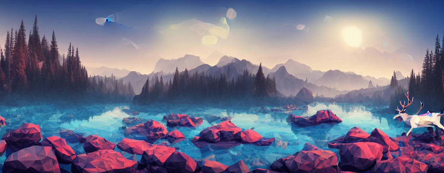 Image similar to super detailed color lowpoly art, northern sunset with rocks on front, blured monochromic lake in the middle of perspective and foggy mountains at background, graphic reindeers in random points, unreal engine, gothic rich deep colors, molotow premium pastel color palette, imperial boy, 3d render, lowpoly, colorful, digital art