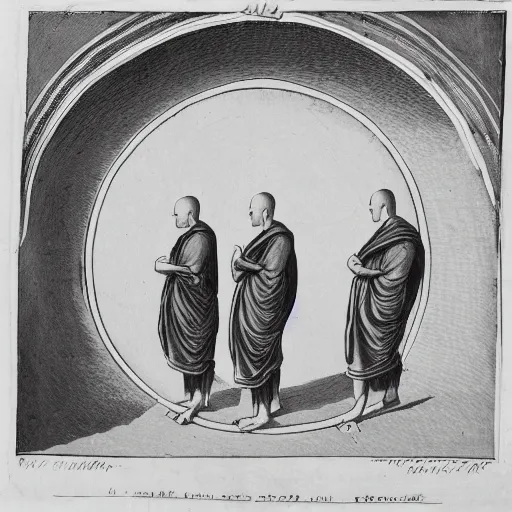 Image similar to Six monks standing in a circle, a portal inside the circle