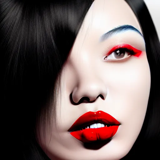 Image similar to photo of a woman with black hair and a red lipstick, a photorealistic painting by wang duo, beauty campaign, photoshoot, featured on cg society, photorealism, behance hd, ultrafine detail, high detail,