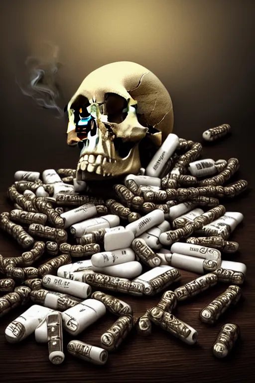 Image similar to beautifull and very tired womanlooking pile Off pills, drugs, cigarrette boxes and a skull on a wooden table, skull made out of smoke coming out of pills, fantasy, intricate, elegant, highly detailed, digital painting, artstation, concept art, addiction, chains, smooth, sharp focus, illustration, art by Ilja Repin
