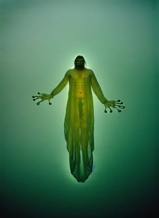 Image similar to “translucent frog body vertically hovering over misty lake waters in jesus christ pose, low angle, long cinematic shot by Andrei Tarkovsky, paranormal, eerie, mystical”