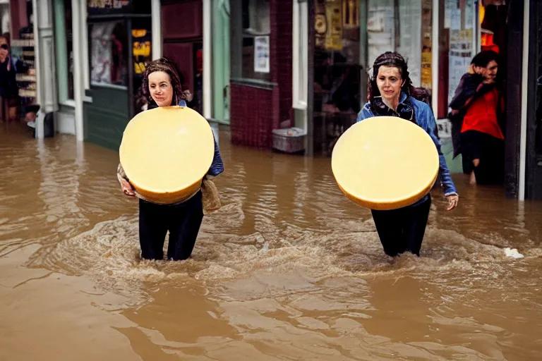 Prompt: closeup potrait of a woman carrying a wheel of cheese over her head in a flood in Amsterdam, photograph, natural light, sharp, detailed face, magazine, press, photo, Steve McCurry, David Lazar, Canon, Nikon, focus