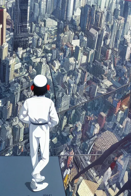 Prompt: man in white tracksuit overlooking a city, style of Mirror\'s Edge, beautiful artwork by Makato Shinkai + Satoshi Kon + Katsuhiro Otomo, anime