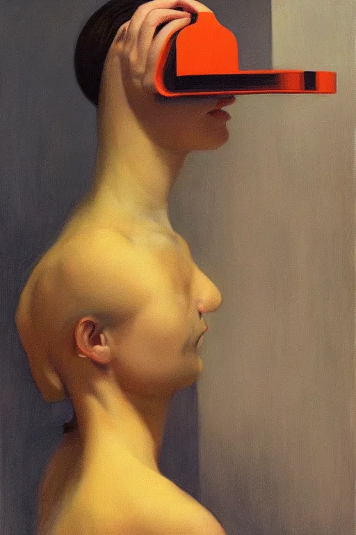 Prompt: Woman wearing oculus and toilet paper over his head, Edward Hopper and James Gilleard, Zdzislaw Beksisnski, highly detailed