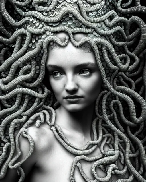 Image similar to surreal mythical dreamy underwater artistic bw photo of a beautiful young female angelic - medusa - cyborg covered with fish scales and algae, highly detailed, intricate crystal ivy jelly fish scales ornate, poetic, octane render, 8 k, photo - realistic, in the style of gustave dore and preraphaelites