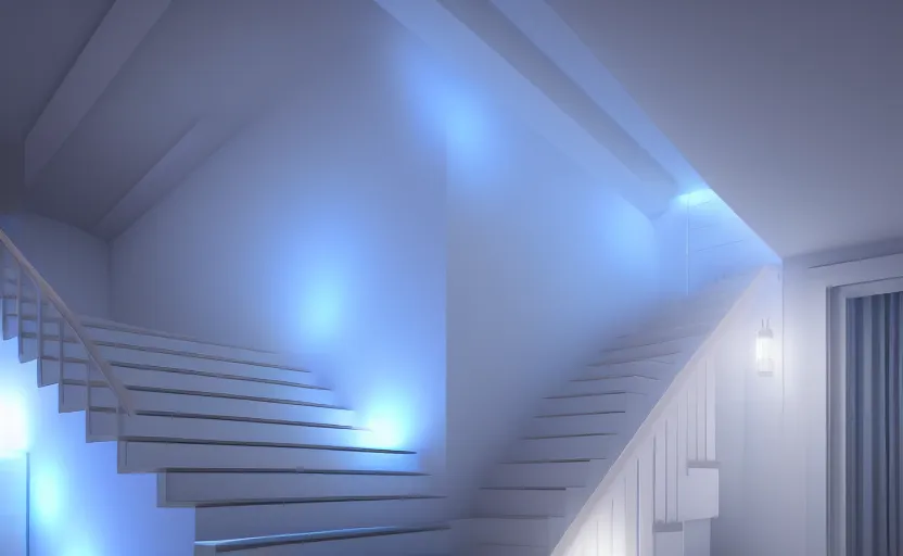 Image similar to stairs with soft blue lights in the roof, octane render, artstation trending, highly detailded