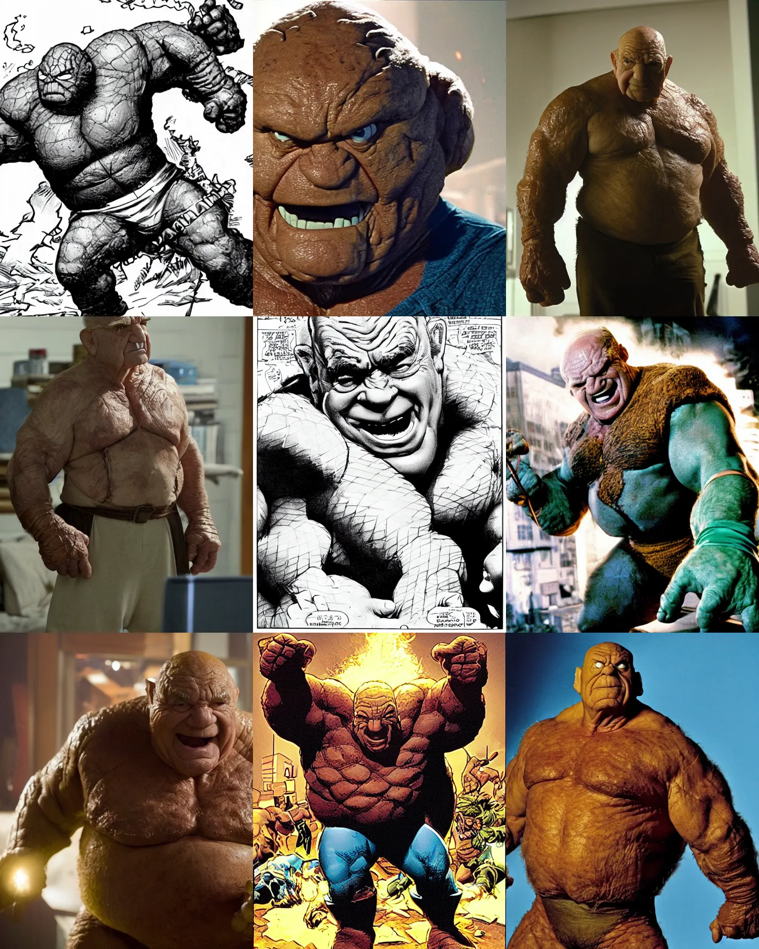 Image similar to Ed Asner starring as Ben Grimm, The Thing from The Fantastic Four Movie, battles the Hulk, Color, Modern
