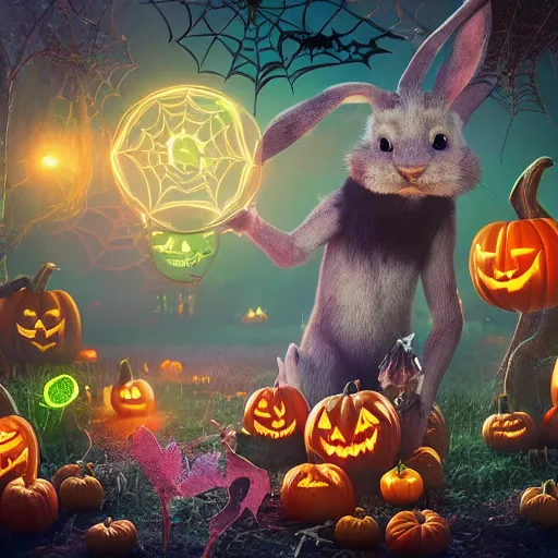 Image similar to halloween festival, expressive eyes, floating, rbc, bunny, radiolaria, protophyta, micro - organisms, center frame, symmetric, rim light, marine microbiology, bioluminescence, electric, fur, soft, concept art, intricate details, highly detailed, colorful, photorealistic, disney pixar, octane render,