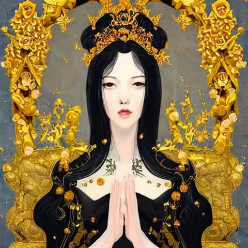 Image similar to a beautiful black haired woman with pale skin and a crown on her head sitted on an intricate metal throne, flower decoration on the background, beautiful illustration, atmosphere, top lighting, perfect composition, smooth, highly detailed, art by so - bin and yuhong ding and chengwei pan,