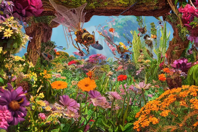 Prompt: super detailed color art, a lot of small garden flowers, A multiverse of insects, spiders and dragonflies, unreal engine, wes anderson color palette, 3d render, colorful, digital art, old wooden frame