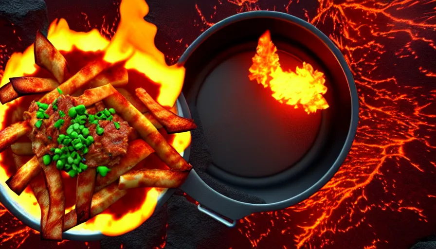 Prompt: poutine ( the canadian meal ) from mount doom, volcano texture, lava texture, fire texture, 8 k, octande render, unreal engine 5, surface blemishes, hdr