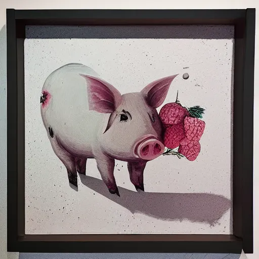 Image similar to “pig paintings and pig sculptures in a pig art gallery, pork, ikebana white flowers, white wax dripping, squashed raspberry stains, acrylic and spray paint and oilstick on canvas, by munch and Dali”