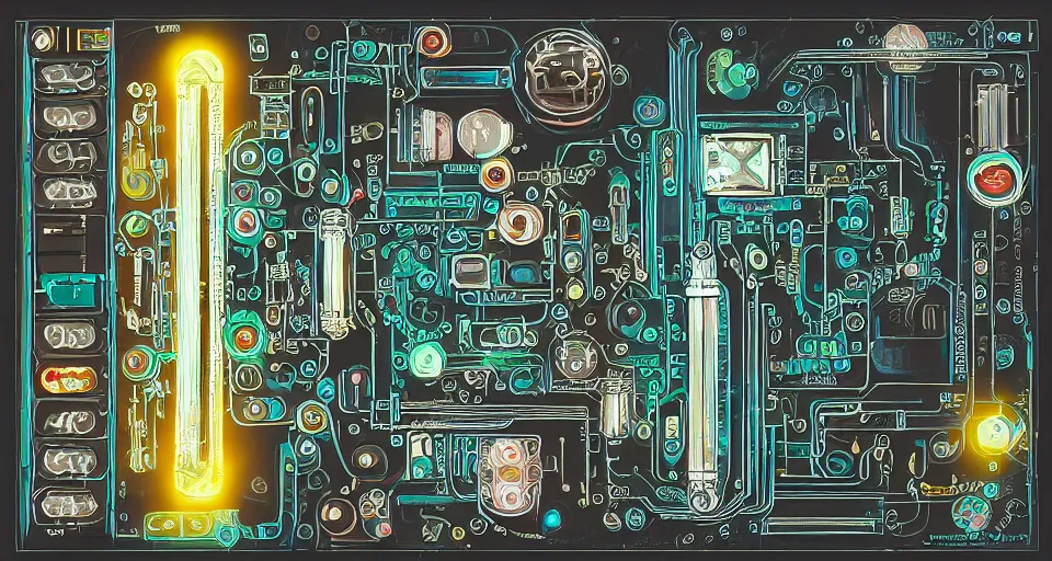 Image similar to product photography framing within an artificer's keep. digital paint krita render of a small square fantasy vacuum - tube motherboard made and powered by crystalline circuitry. trending on artstation. premium print by angus mckie