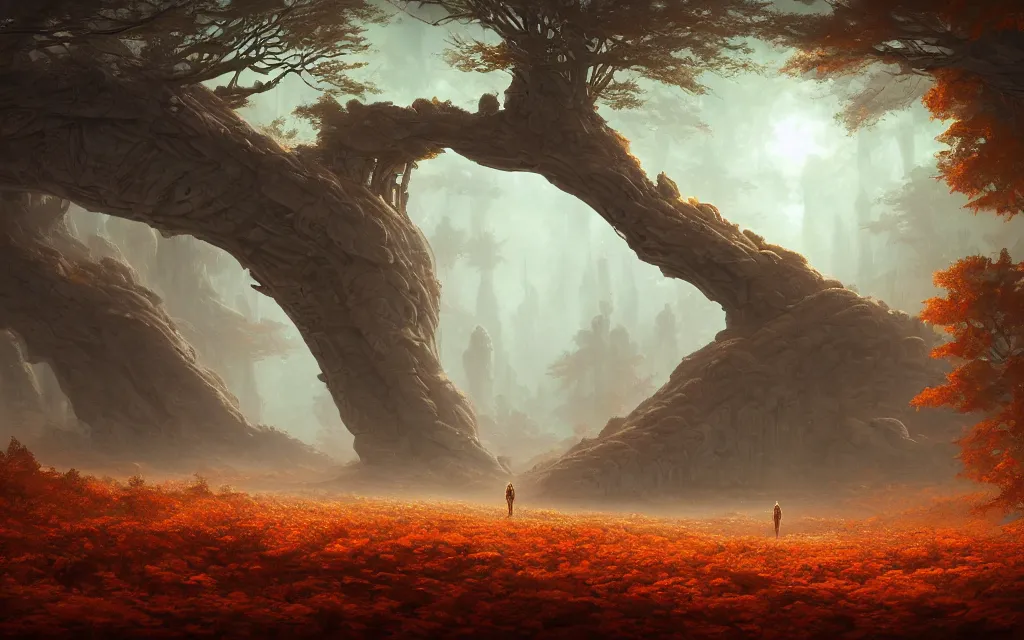 Prompt: a beautiful highly detailed matte painting of a futuristic alien celestial ancient monument in a desolate forest with autumn colors by Jose Daniel Cabrera Pena and Leonid Kozienko, Noah Bradley concept art