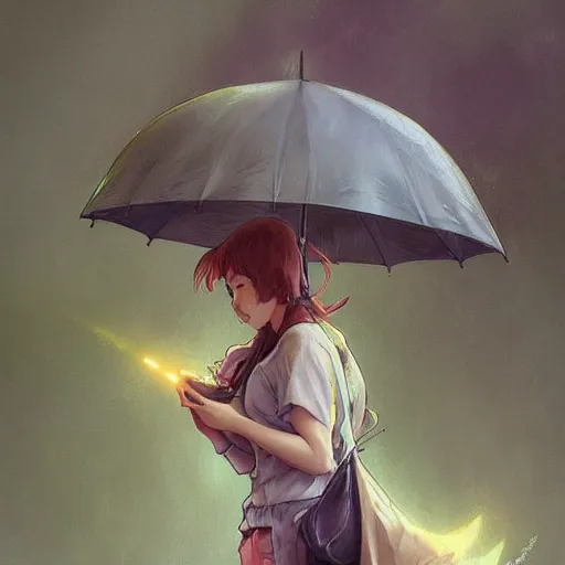 Image similar to Totoro is holding an umbrella in the rain, sci-fi, fantasy, highly detailed, digital painting, artstation, concept art, smooth, sharp focus, illustration, art by artgerm and greg rutkowski and alphonse mucha