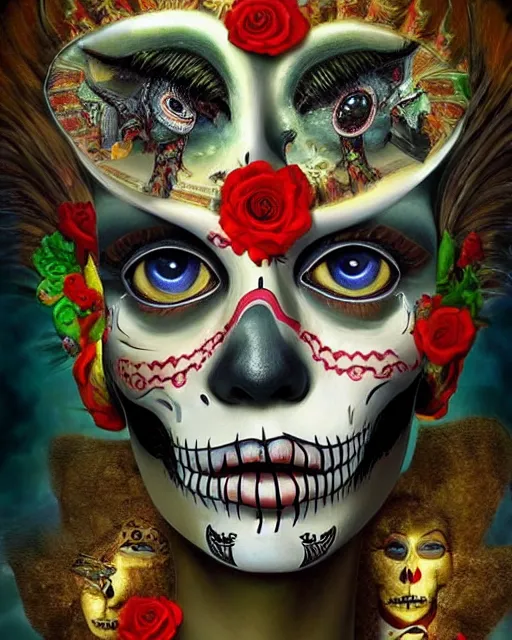 Image similar to dia de los muertos theme surrealist art in the styles of igor morski, jim warren, and a tim burton film, intricate, hyperrealistic, accurate facial details, profile picture with chromakey!!!!! background, volumetric lighting