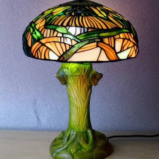 Image similar to beautifully detailed victorian art nouveau mushroom shaped tiffany lampshade, river reeds duckweeds close up abstractb mallard feathers, mucha tiffany kilian eng