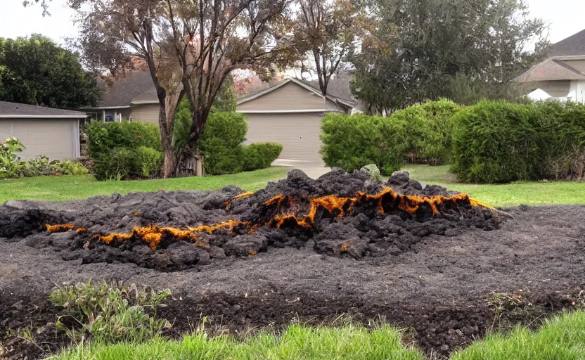 Image similar to miniature volcano erupting with streams of lava in a suburban yard, ground level