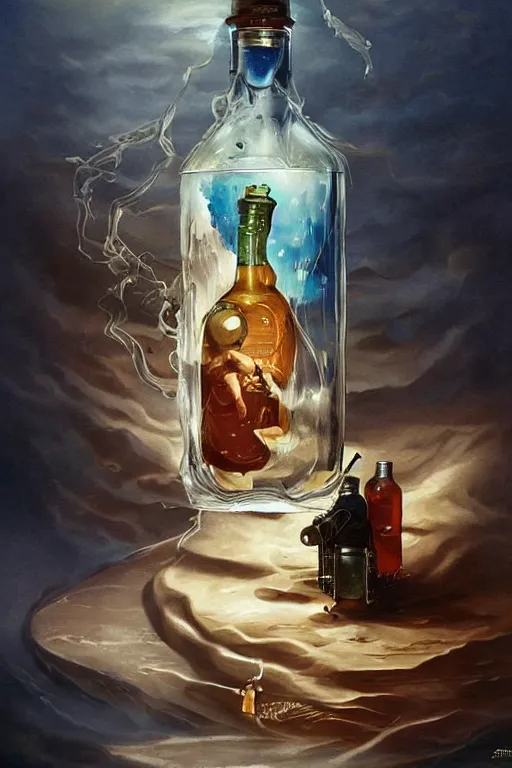 Image similar to imagine a ship in a bottle but instead of a ship a young jack nicholson is in the bottle, jack nicholson, fancy whiskey bottle, masterpiece painting by peter mohrbacher