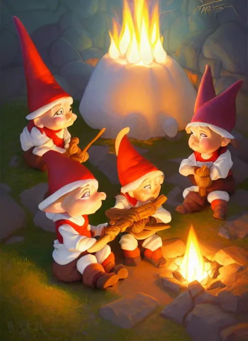 Image similar to cute gnomes roasting marshmallos, natural lighting, path traced, highly detailed, high quality, digital painting, by don bluth and ross tran and studio ghibli and alphonse mucha, artgerm