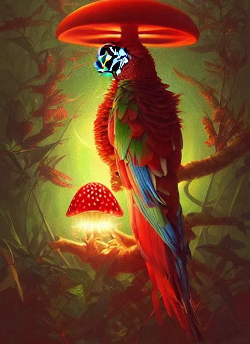 Image similar to a parrot eating a cute amanita muscaria, weed, lsd, beautiful glowing lights, sci - fi, stunning, intricate, elegant. highly detailed, digital painting. artstation. smooth. sharp focus. illustration. art by artgerm and greg rutkowski and alphonse mucha