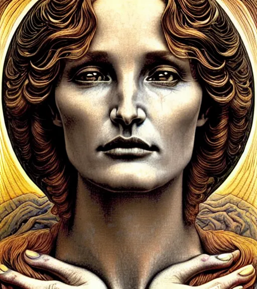 Image similar to detailed realistic beautiful young jessica lange as queen of mars face portrait by jean delville, gustave dore and marco mazzoni, art nouveau, symbolist, visionary, gothic, pre - raphaelite. horizontal symmetry by zdzisław beksinski, iris van herpen, raymond swanland and alphonse mucha. highly detailed, hyper - real, beautiful