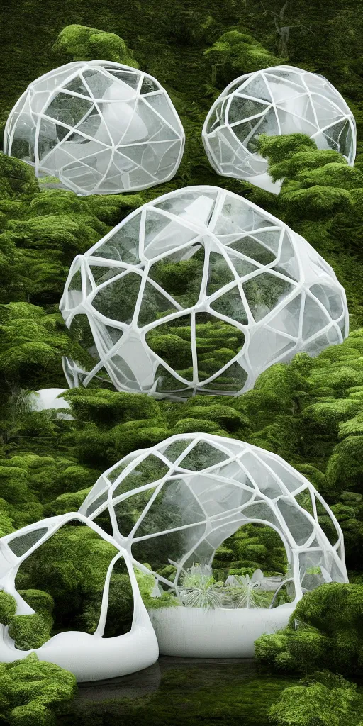 Prompt: inside an inflatable organic geodesic home. The inflatable fabric is translucent white with black stitching. A tall living room and kitchen. The walls bulge with the inflated pressure. The mesh fabric has a strong texture. The inflatable has a cellular geometry. Ferns and moss grow on the ground. Architectural photography. Unreal engine, 4K, 8k. Volumetric Lighting