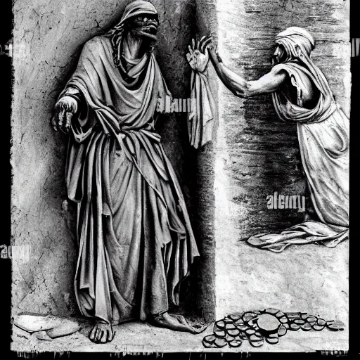 Prompt: ragged leper begging for coins on a streetcorner in biblical times. The street is very dusty. The leper wears brown sandals. art by michaelangelo. Black, white, red color scheme. Tricolor image. Black, white, red.