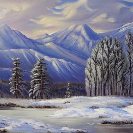 Image similar to This painting shows a winter scene in a mountainous area. The snow is thickly piled against the trees, which are reflected in the surface of the frozen lake. The mountain peak is in the distance, and the sky is painted in a swirling pattern of grey and white clouds