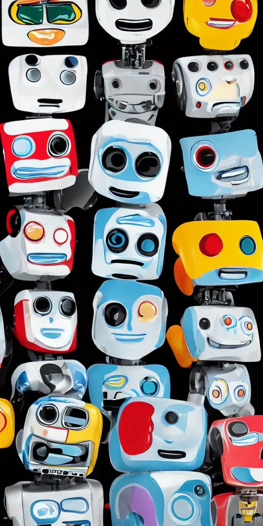 Prompt: extremely happy robot faces, expressive