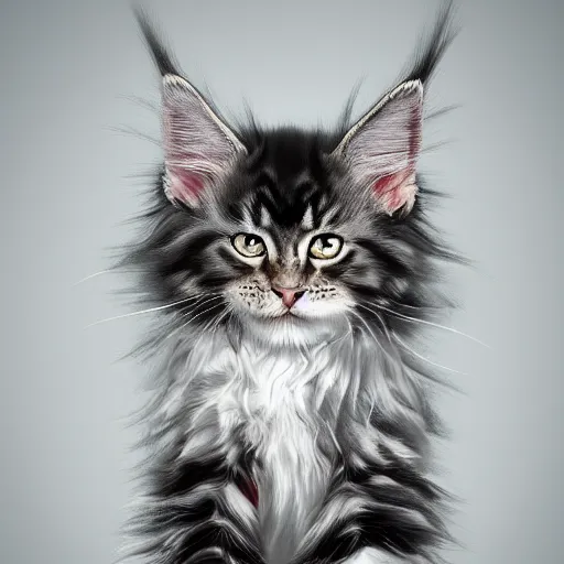 Prompt: a maine coon kitten, ultra detailed, realistic, digital art, cinematic, studio lighting, fantasy,