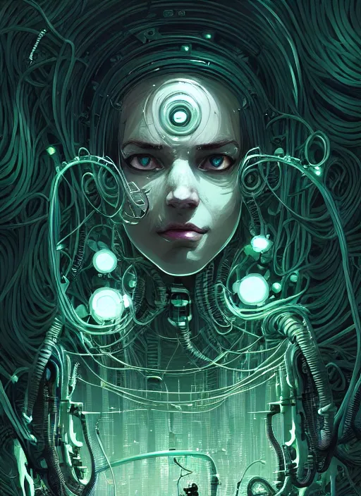 Image similar to highly detailed portrait of a biopunk long curly white hair tribal lady, stray wiring by atey ghailan, james gilleard, by joe fenton, by greg rutkowski, by greg tocchini, by kaethe butcher, 4 k resolution, gradient green, black and white color scheme!!! ( ( irradiated robotic cavern background ) )