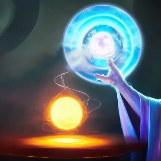 Image similar to a warlock is casting a magic spell, while a few small magic orb is floating nearby, the magic orb emit a blueish vapour, dynamic pose, chromatic aberration , medium level shot, Grim fantasy, illustration ,digital art, concept art,