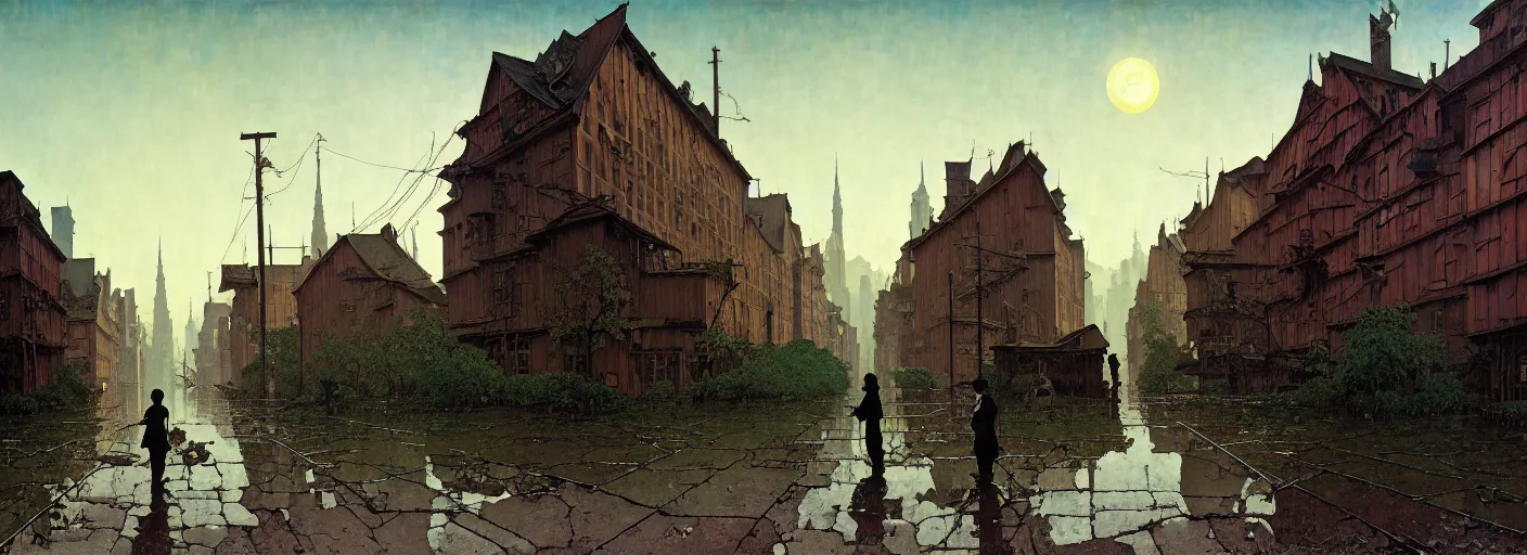 Image similar to flooded old wooden empty cursed city street, very coherent and colorful high contrast masterpiece by norman rockwell rene magritte simon stalenhag carl spitzweg jim burns, full - length view, dark shadows, sunny day, hard lighting, reference sheet white background