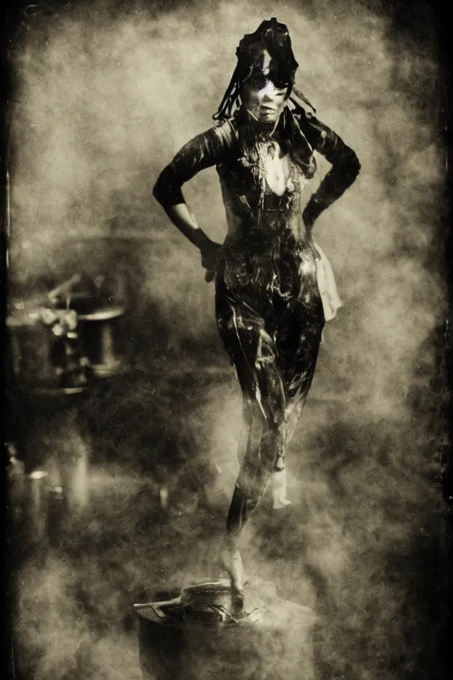 Image similar to wet plate photograph portrait of scarves dancer in victorian era boiler room, coal inferno