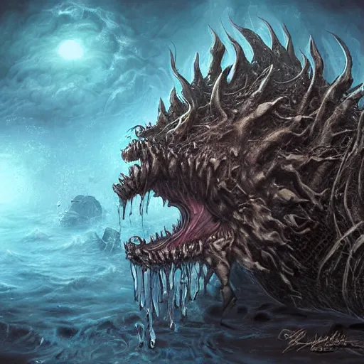 Prompt: A water elemental monster, feral, horrific, drawn by Keith Thompson, fantasy art, dramatic lighting, digital art,highly detailed