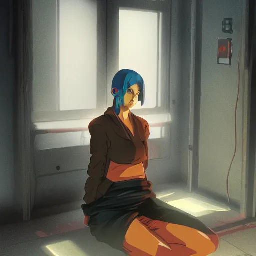 Image similar to a woman sitting on the floor in a room, cyberpunk art by satoshi kon, cgsociety, computer art, circuitry, anime, anime aesthetic