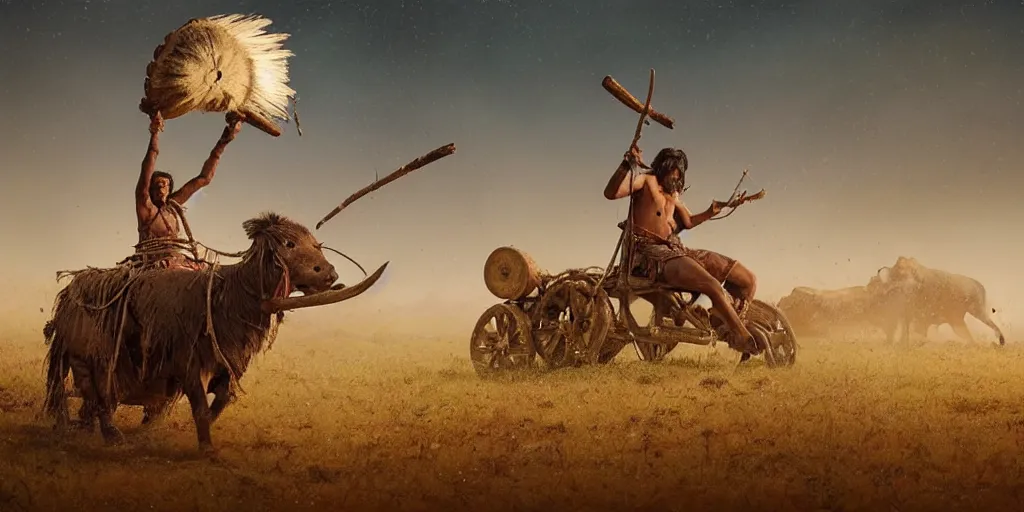 Image similar to photorealistic photo of an ancient indian tribesman on ancient atv with big wooden wheels, hunting panicked buffalo herd ,attacking, wild chase, action scene, an epic fantasy, dramatic lighting, cinematic, establishing shot, extremely high detail, photorealistic, cinematic lighting, artstation, octane render, by simon stalenhag, horizon forbidden west,old photo, high speed photography, vintage, extreme sports