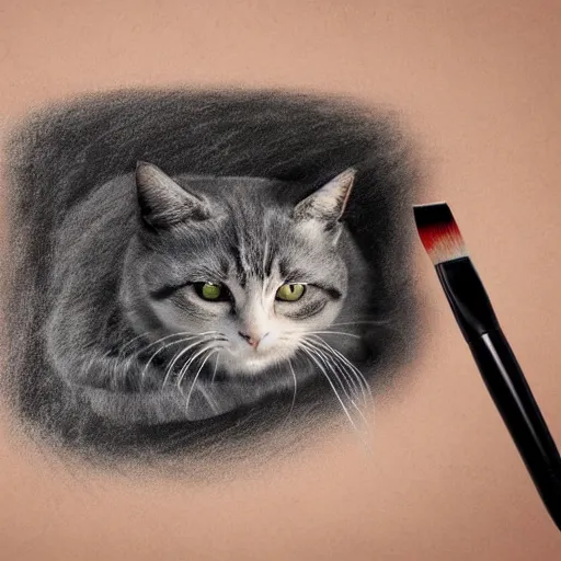 Prompt: Cat drawning himself with brush on canvas, realistic 3d render,