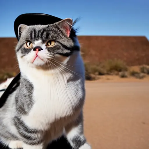 Image similar to a photo of scottish fold cat wearing cowboy hat, posing in the deserted us desert ghost town