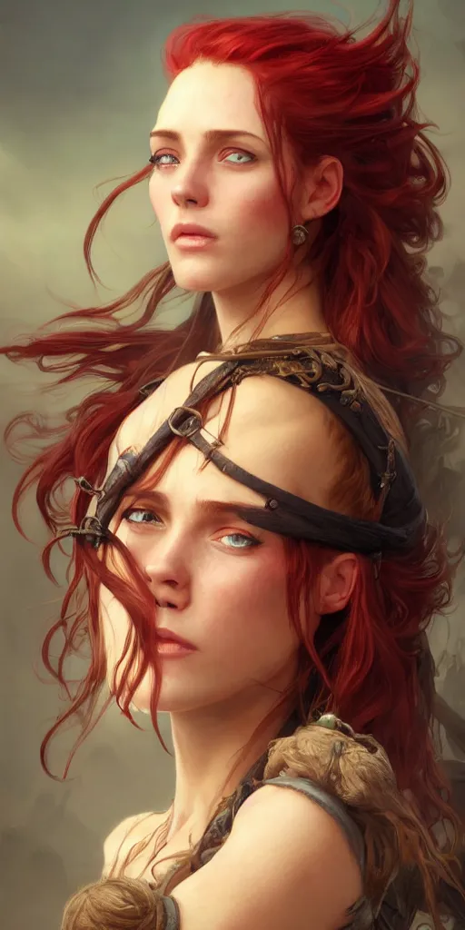 Image similar to portrait of a young ruggedly beautiful but joyful pirate, female, femenine, upper body, red hair, long hair, d & d, fantasy, piercing eyes, intricate, elegant, highly detailed, digital painting, artstation, concept art, matte, sharp focus, illustration, art by artgerm and greg rutkowski and alphonse mucha