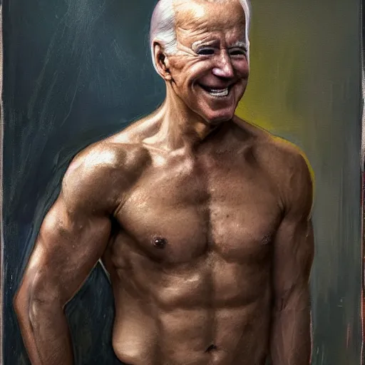 Image similar to Joe Biden with an shredded, toned, inverted triangle body type, painting by Gaston Bussiere, Craig Mullins, XF IQ4, 150MP, 50mm, F1.4, ISO 200, 1/160s, natural light