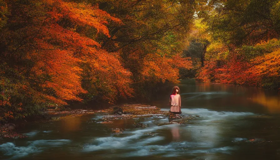 Image similar to a beautiful woman turning into a peaceful river, it's autumn and a gentle breeze is moving leaves around, cinematic lighting, establishing shot, art station