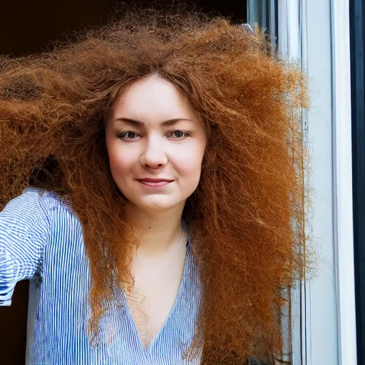 Prompt: a woman's hair grows from all the windows and doors of large apartment building, the hair reaches the ground, rendered