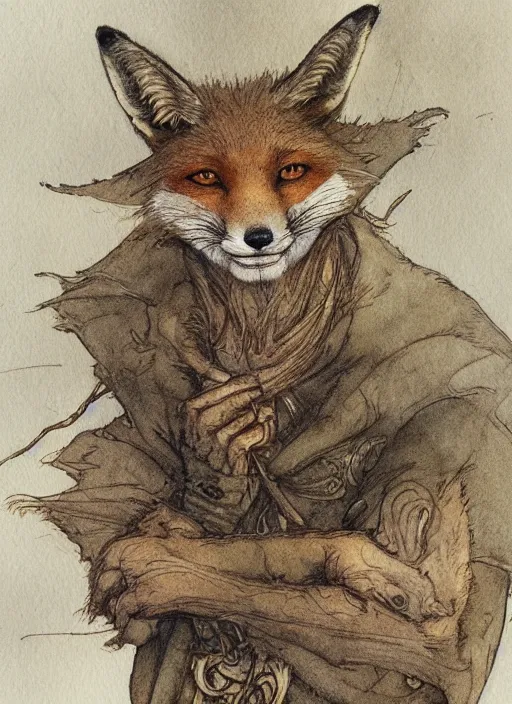 Image similar to portrait of a fox - faced theif, human features, dnd, gwelf, highly detailed, perfect lighting, watercolor and ink illustration, muted colors. perfect composition, 4 k, by brian froud, larry macdougall, jean - baptiste monge, arthur rackham