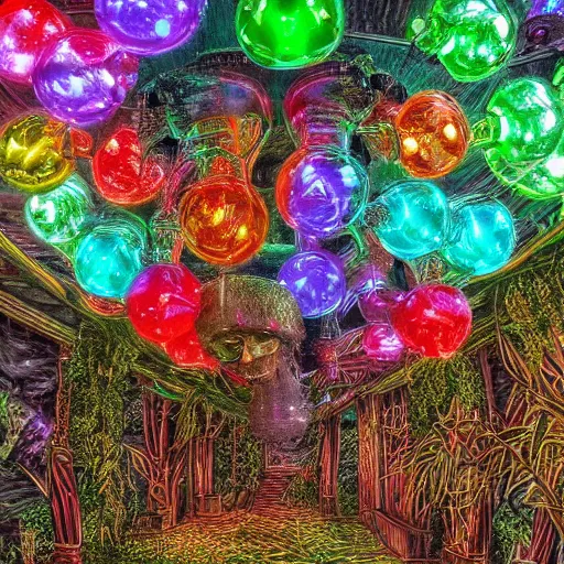 Image similar to a boat - themed chandelier with hundreds of colorful lights hanging from it, a figure lurks in the undergrowth looking at the lights from a distance, digital art